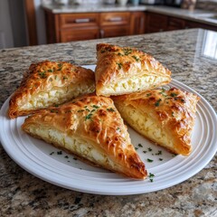  Flaky phyllo pastry triangles stuffed with rich feta cheese, baked to a golden perfection.