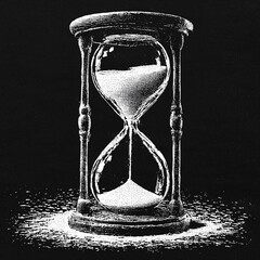Halftone hourglass with sand on black | White stippled etching style | Grim symbolic time imagery | Tattoo flash or t-shirt design