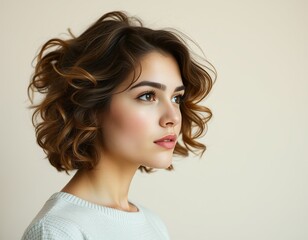 Profile portrait of a woman with curly brown hair looking to the side 
