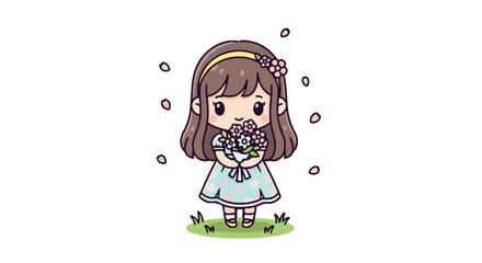 Cute kawaii chibi girl holding a bunga flower bouquet, an adorable character VECTOR illustration on a white background.