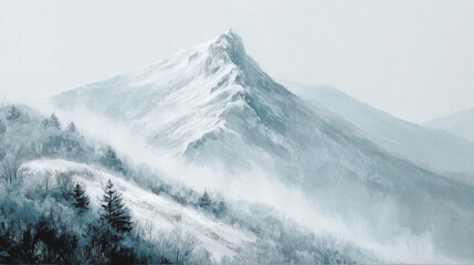 Snowy mountain summit | Dramatic snow-covered peak emerging through swirling mist and clouds at dawn | Cold alpine aesthetic | Travel blog header or adventure branding