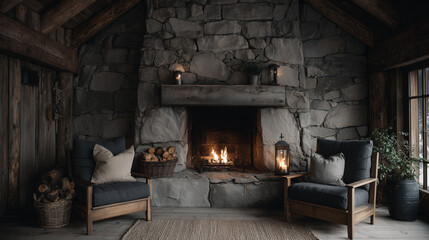 Rustic cabin fireplace | Stone fireplace with glowing fire, log mantle, and warm seating in wood cabin interior | Cozy lodge aesthetic | Winter ad backdrop or home living post