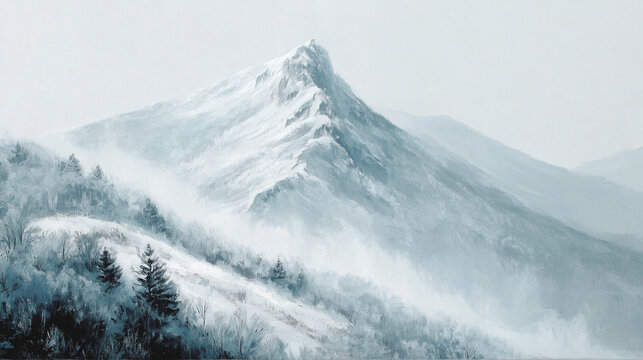 Snowy mountain summit | Dramatic snow-covered peak emerging through swirling mist and clouds at dawn | Cold alpine aesthetic | Travel blog header or adventure branding