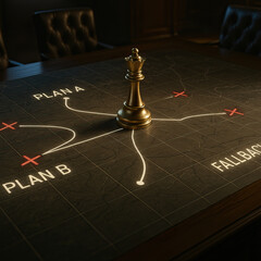 Strategic decision concept with chess king piece on dark table showing multiple paths labeled plan A, plan B, and fallback, symbolizing choices and leadership in dimly lit room