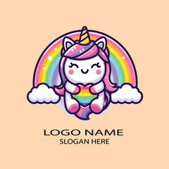 Cute unicornio kawaii with rainbow logo icon vector .