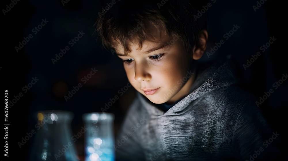 Poster boy intently exploring a science kit in a dimly lit setting
