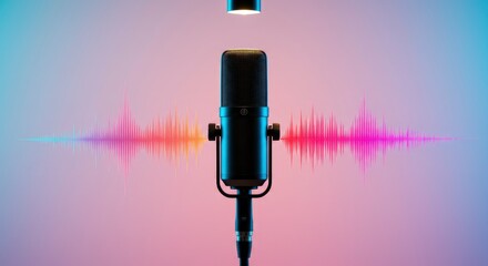 Studio microphone stands center flanked by vibrant sound waves under a spotlight