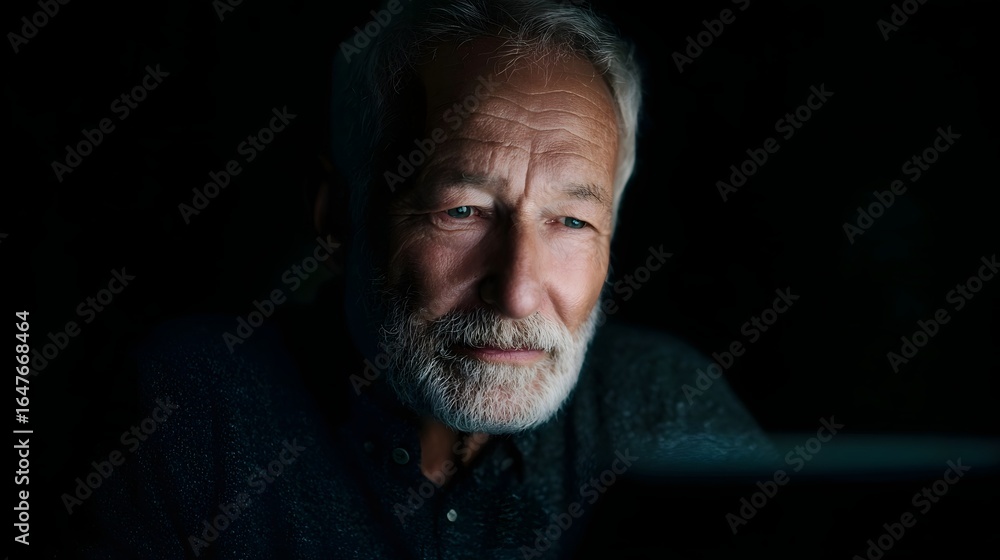Poster mature man intently using tablet with focused expression