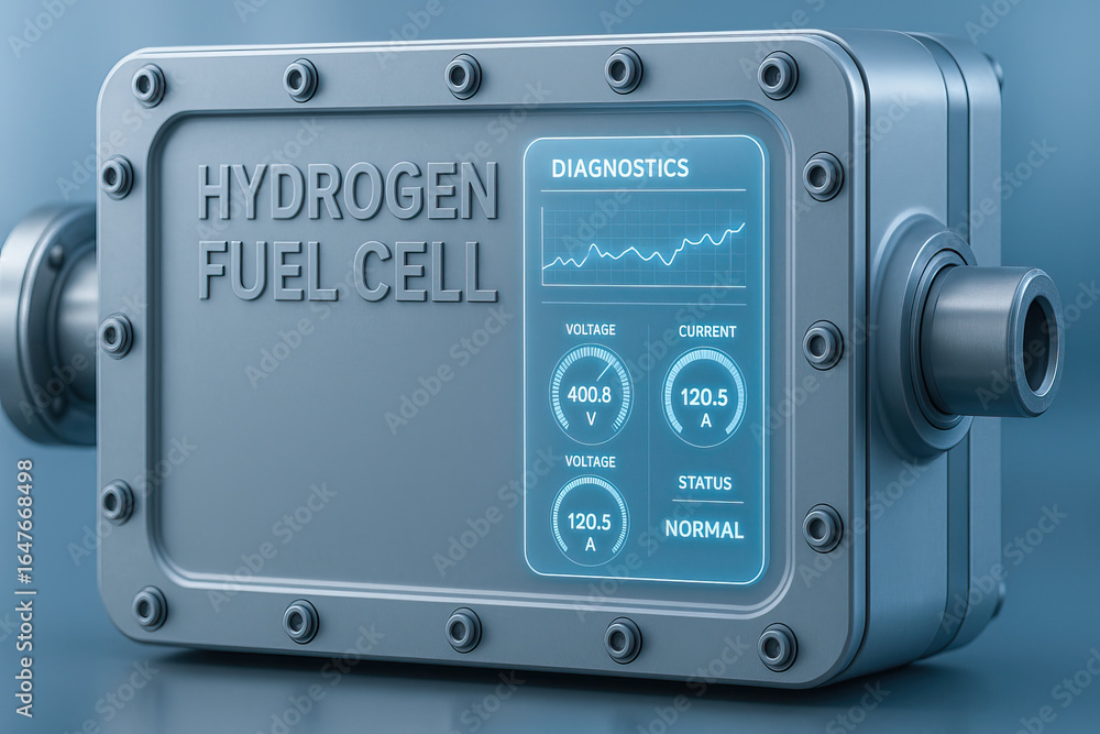 Poster hydrogen fuel cell with digital diagnostics display showing voltage, current, and status, designed f