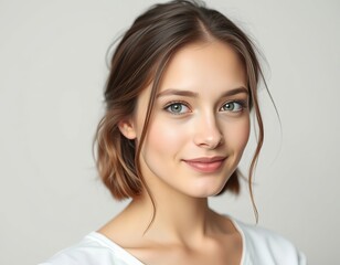 Close-up portrait of a smiling woman with brown hair and green eyes 