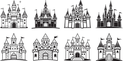 Majestic castles with tall spires and flags medieval