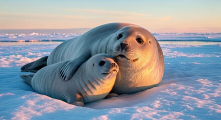 Mother bearded seal with pup, gentle interaction on ice, tender Arctic wildlife