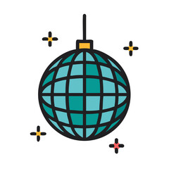 A Teal Disco Ball with Black Lines and Stars Around It