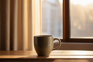 Ceramic Coffee Mug on Wooden Table in Morning Sunlight