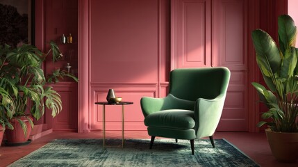 Obraz premium pink room with green armchair rug and side table no logos no brands ar 169