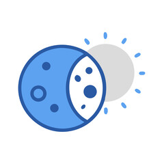 Stylized illustration of a solar eclipse with a blue moon and sun