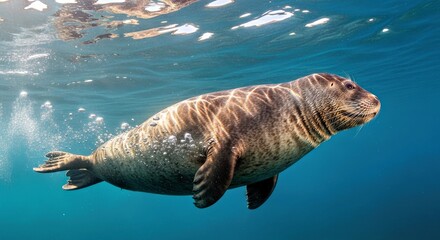 Underwater view of a bearded seal swimming gracefully, sunlight piercing the water
