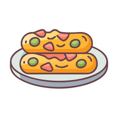Two portions of decorated focaccia bread stacked neatly on a plate
