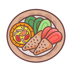 Cartoon drawing of a plate featuring a pizza like omelet and more