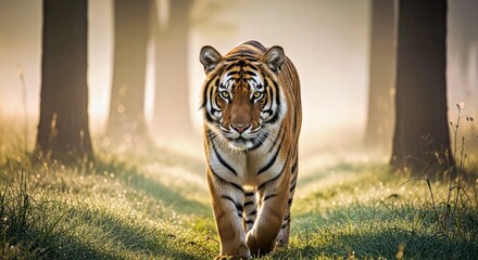 Bengal tiger walking through a misty forest at dawn, an ethereal and powerful image