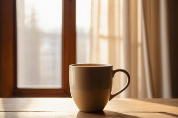 Ceramic Coffee Mug in Warm Morning Sunlight on Wooden Table