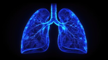 3D rendered, glowing blue anatomical lungs