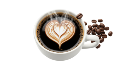 A beautifully crafted cup of coffee with latte art resembling a heart, surrounded by coffee beans.