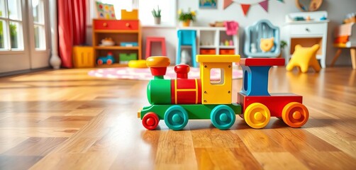 Colorful wooden toy train on hardwood floor in bright child's room,  home,  bright