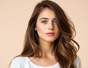 Portrait of a woman with long brown hair and light eyes 