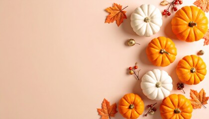 Autumn harvest display cozy home decorative pumpkins seasonal colors overhead view festive arrangement for fall celebrations