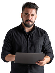 A man with a beard is holding a laptop