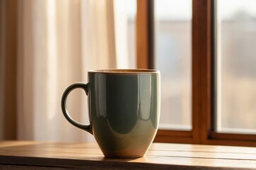 Ceramic Coffee Mug in Warm Morning Sunlight by a Window