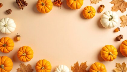Harvest celebration with vibrant pumpkins and autumn leaves cozy home decor warm indoor environment aesthetic flat lay view for seasonal inspiration