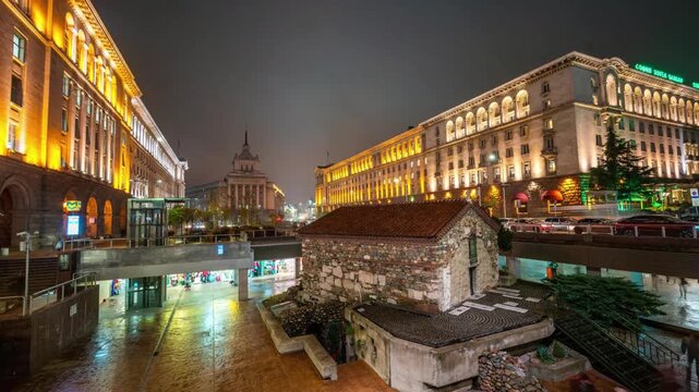 Night view of sofia city center with ancient architecture and illuminated buildings