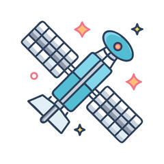 Satellite orbiting the earth broadcasting signals with sparkling stars background illustration