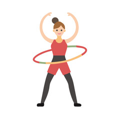 Cartoon woman exercising with a hula hoop in a fitness setting