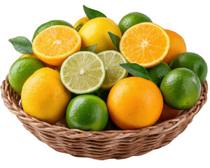 Fresh citrus fruit basket with vibrant orange, lemon, and lime, whole and sliced, arranged in woven rattan basket, showcasing juicy texture and natural green leaves