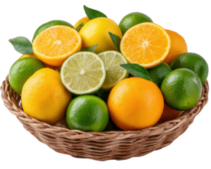 Fresh citrus fruit basket with vibrant orange, lemon, and lime, whole and sliced, arranged in woven rattan basket, showcasing juicy texture and natural green leaves