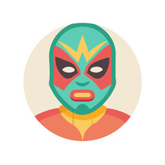 A stylized illustration of a wrestler with a colorful Luchador mask