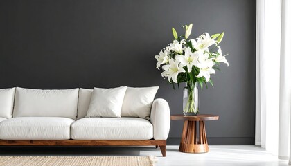 White lilies in glass vase on wooden table next to white sofa against dark wall