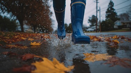 Blue boots splash in a puddle surrounded by autumn leaves on a gray day