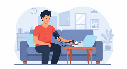 Young Man Measuring Blood Pressure Sitting on Sofa in Living Room