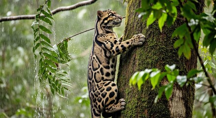 Powerful clouded leopard climbing a tree in a heavy jungle rainstorm