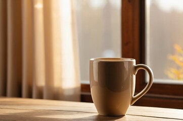 Ceramic Coffee Mug on a Wooden Table in Warm Morning Sunlight