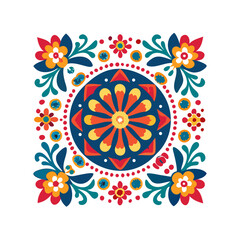 Colorful Floral Otomi Inspired Square Pattern Illustration on a White Background