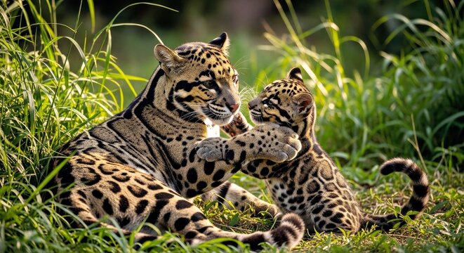 Mother clouded leopard playing with her cub, a beautiful, gentle jungle scene