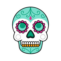 Sugar Skull with Floral Eye Sockets and Detailed Turquoise Decoration