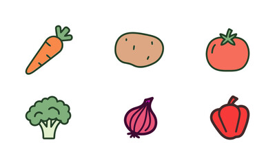 Set of fresh vegetables vector illustrations. Healthy food icons including carrot, potato, tomato, broccoli, onion, and red bell pepper.