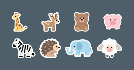 Naklejka premium Cute and simple animal stickers set. Illustrations of a giraffe, deer, bear, pig, zebra, hedgehog, elephant, and sheep in a playful style.