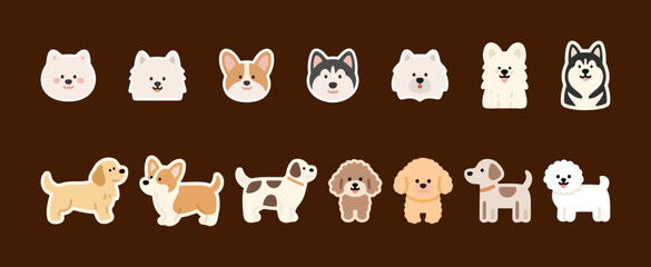 Adorable dog breeds stickers set. Cute and detailed cartoon illustrations of different types of dogs in various poses and facial expressions.
